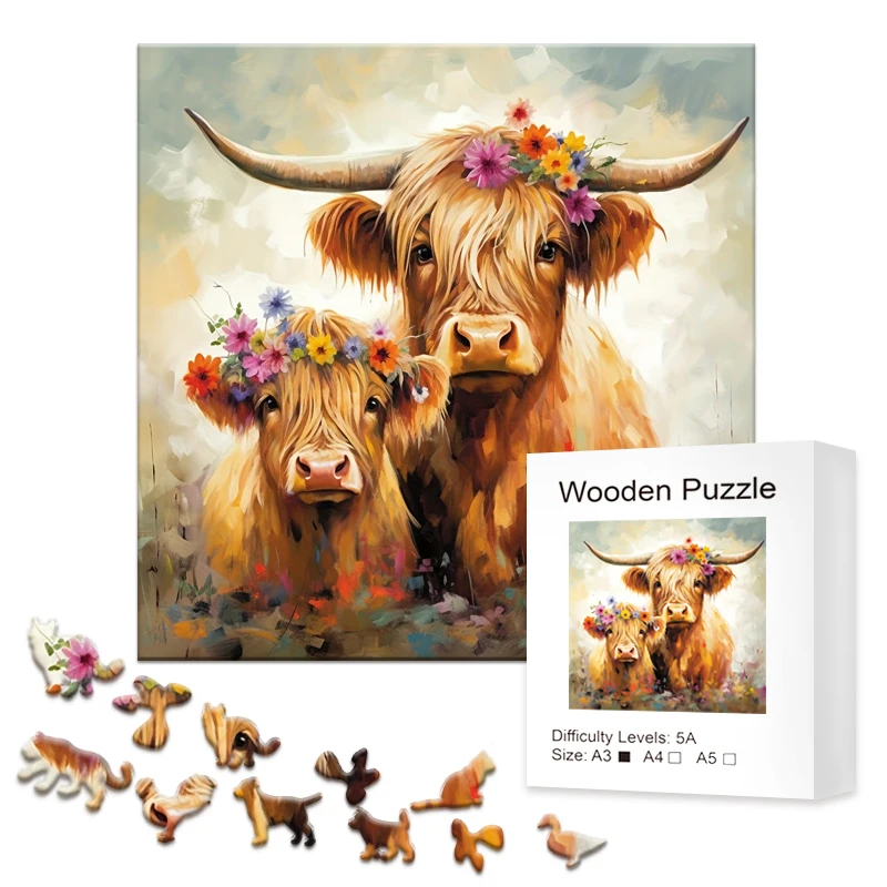 Cow creative wooden puzzles, advanced puzzles with beautiful flowers and irregular animal pieces, party games, birthday gifts 2
