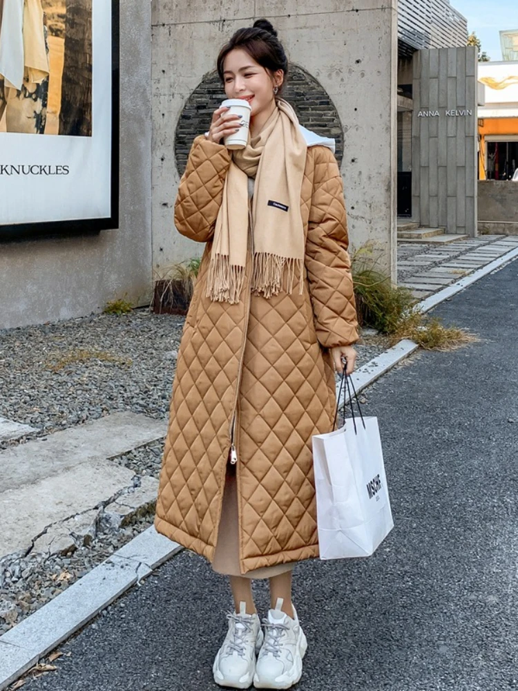 

Women Jackets Winter Coat Jacket 2023 New Hooded Mid Length Women's Diamond Plaid Cotton Coat Fashion Casual Warm Loose Jacket
