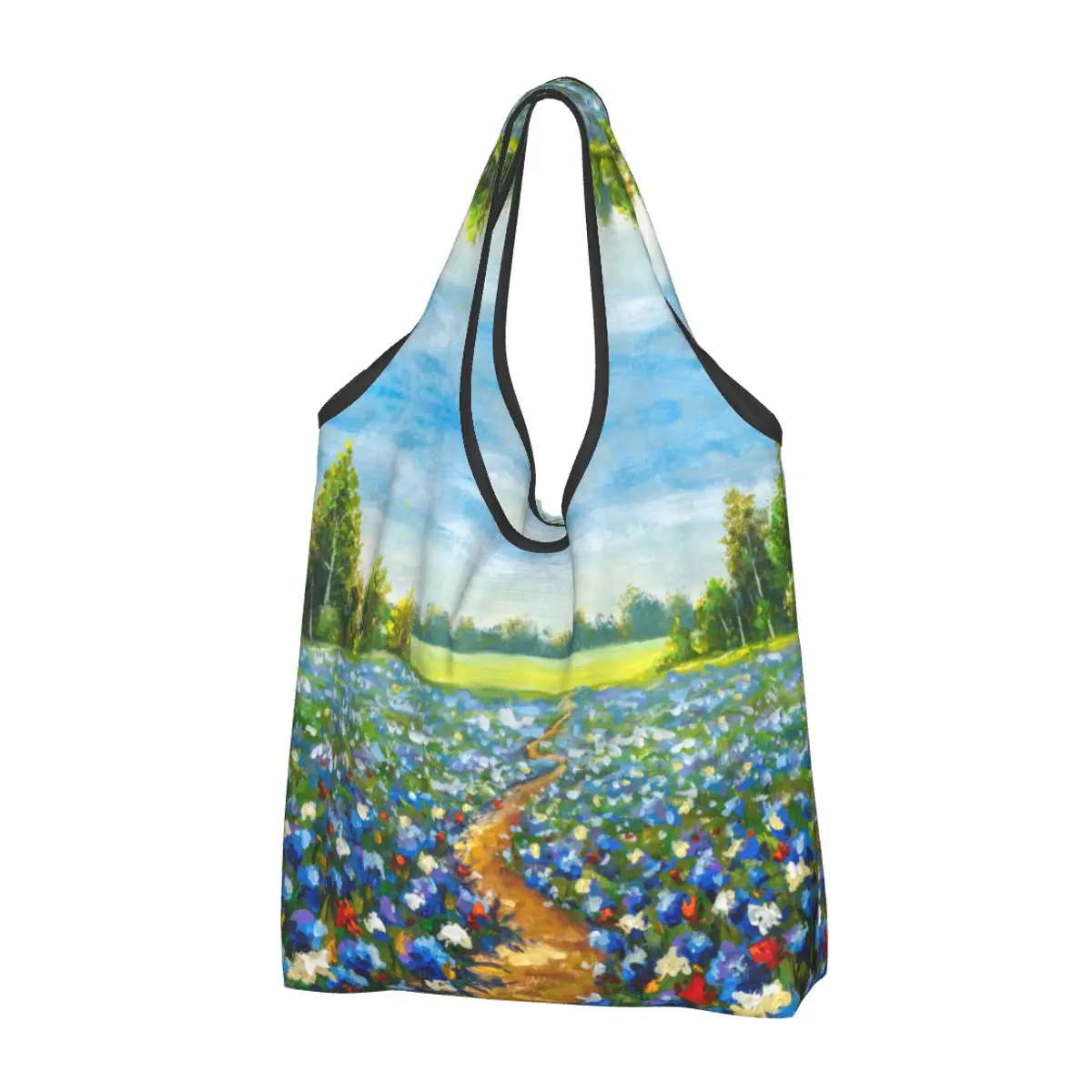 

Aesthetic Floral Flower Field Oil Painting Shopping Bags Reusable Grocery Bags Large Capacity Monet Art Bags Washable Handbag