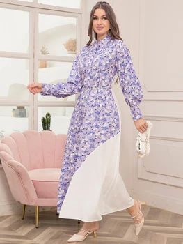 Elegant Floral Print High Neck Contrast Color Belted Shirt Sleeve Long Dress - Women's Fashion Slim Fit Maxi Dress for Spring 4