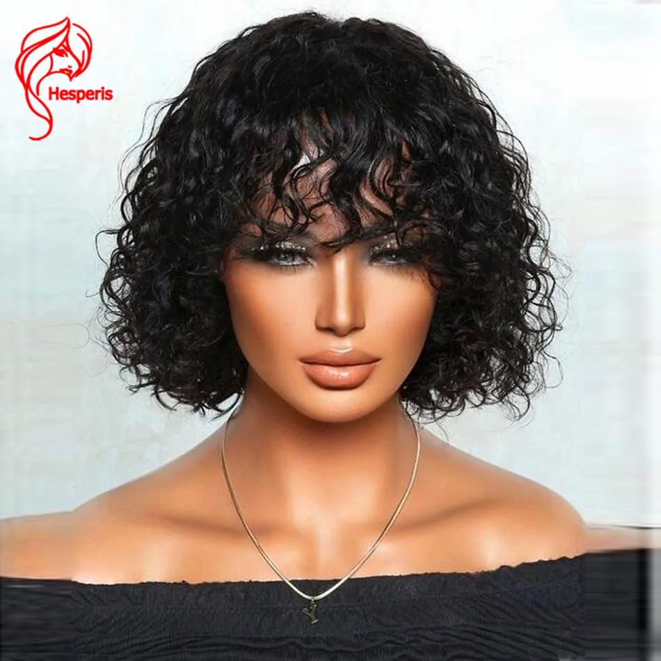 

Hesperis Curly Human Hair Wig With Bangs Brazilian Remy Short Bob Curly Full Machine Made Wear And Go Wig With Fringe For Women