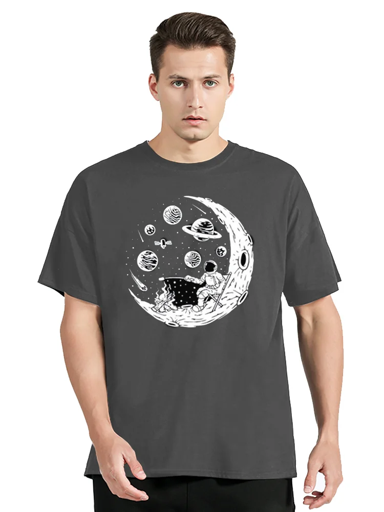 T-shirt High Quality Cotton Funny Astronaut Moon Barbecue Print Casual T shirt Tee Tops Men's Clothing Oversized Tshirt_voghion.com