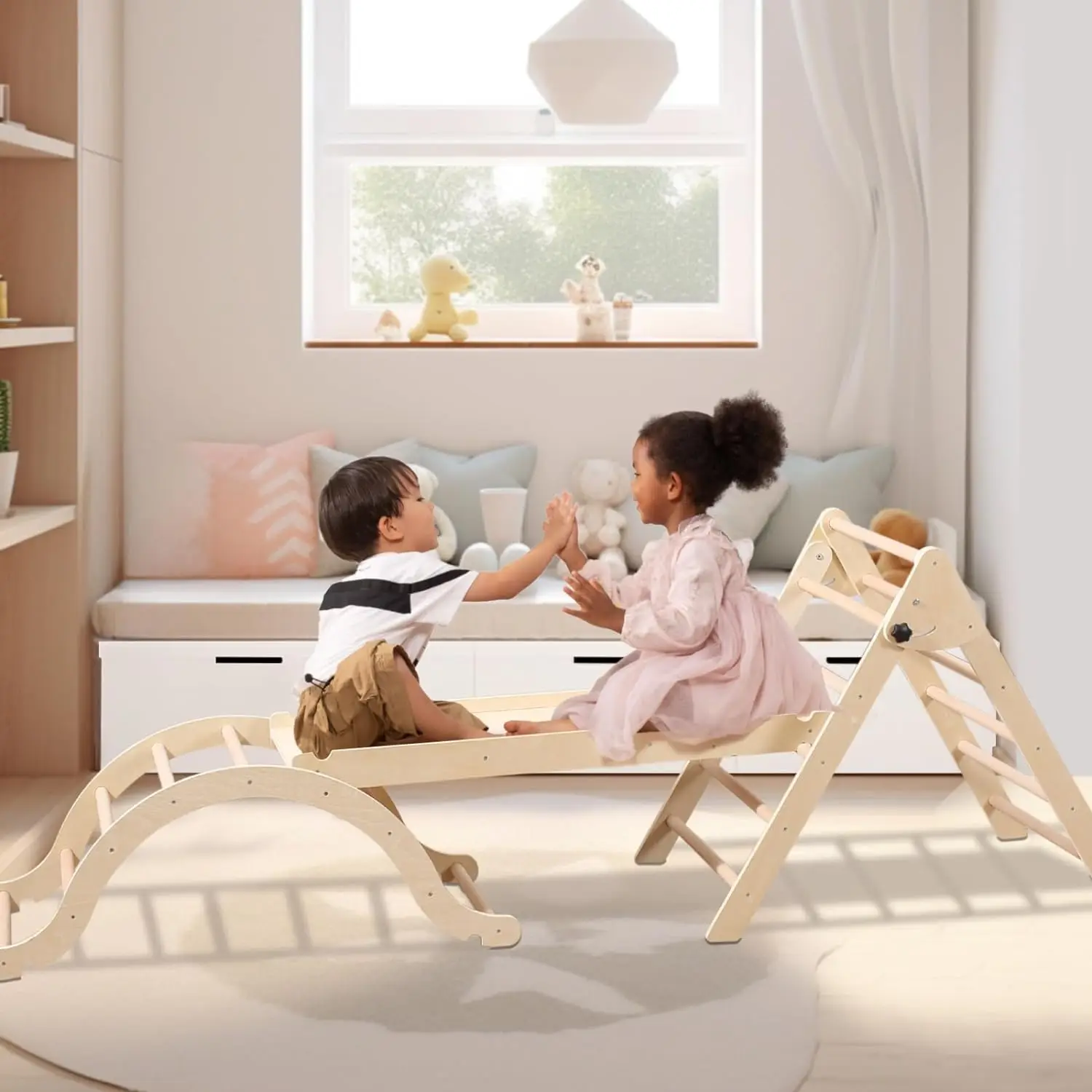 Medium Foldable Pikler Triangle Set with Sliding Ramp & Climbing Arch Ramp, 5-in-1Wooden Toddler Climbing Toys indoor 3