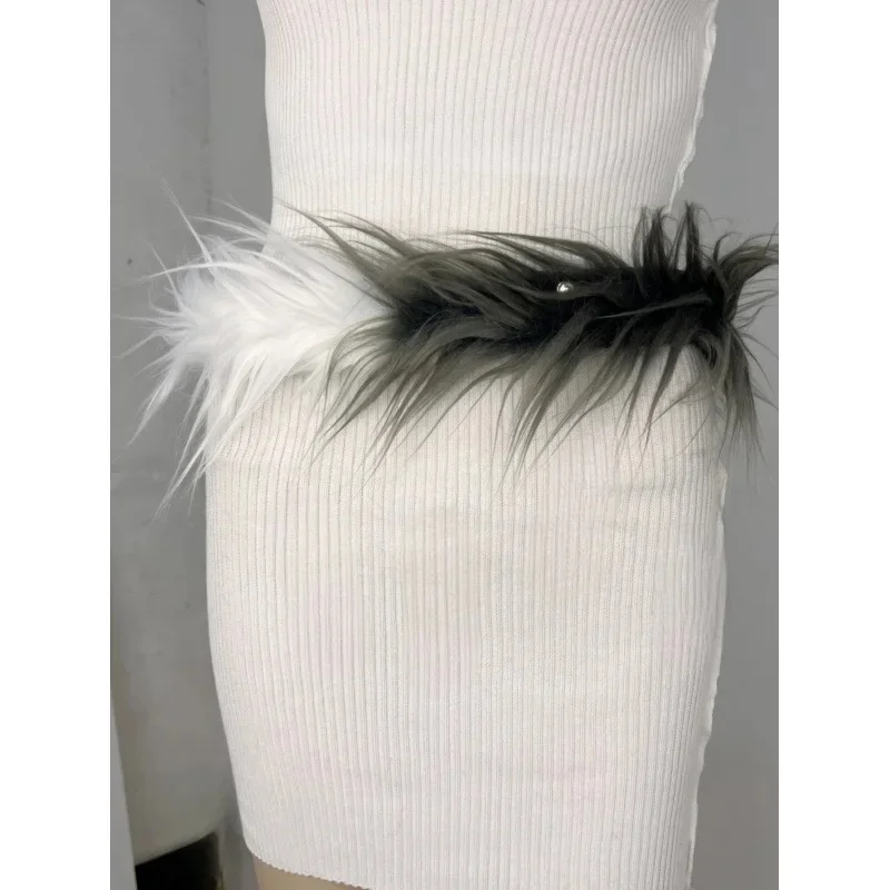 Gray and white gradient fur waist chain rhinestone buckle