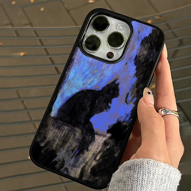 Elegant Dark Purple Cat Oil Painting Phone Case with Black Edging