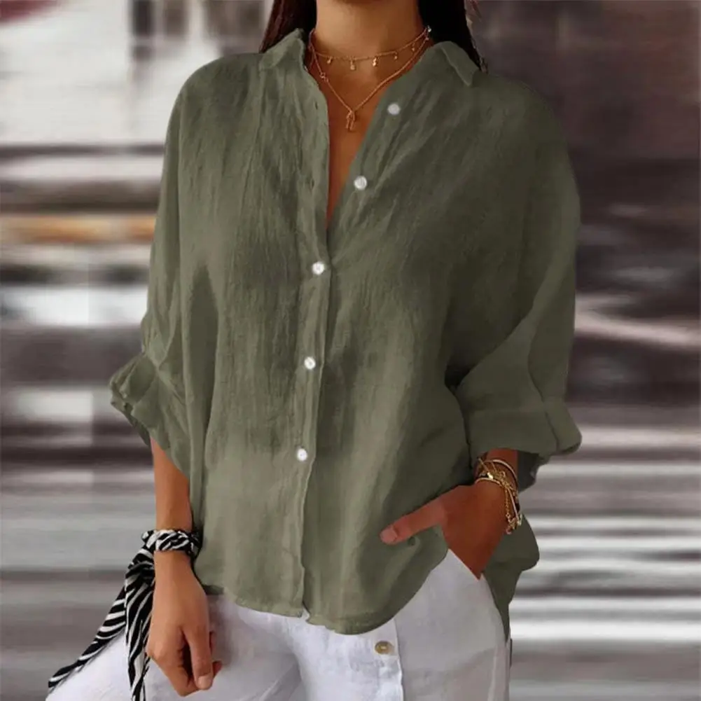 

Shirt Three-quarter Sleeve Shirt Elegant Lapel Shirt with Bow Tie Detail Stylish Single Breasted Blouse for Women Chic Solid