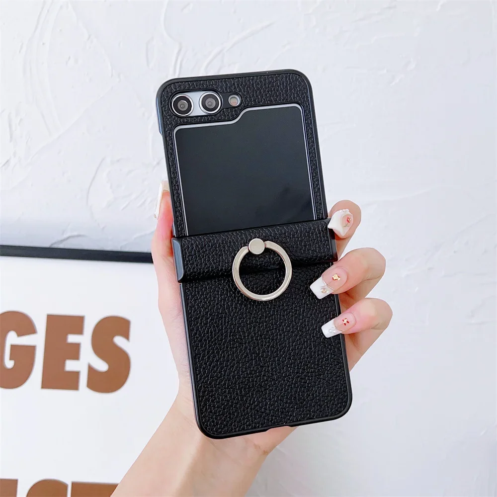 Luxury Litchi Grain Leather Case with Metal Ring Rotating Stand