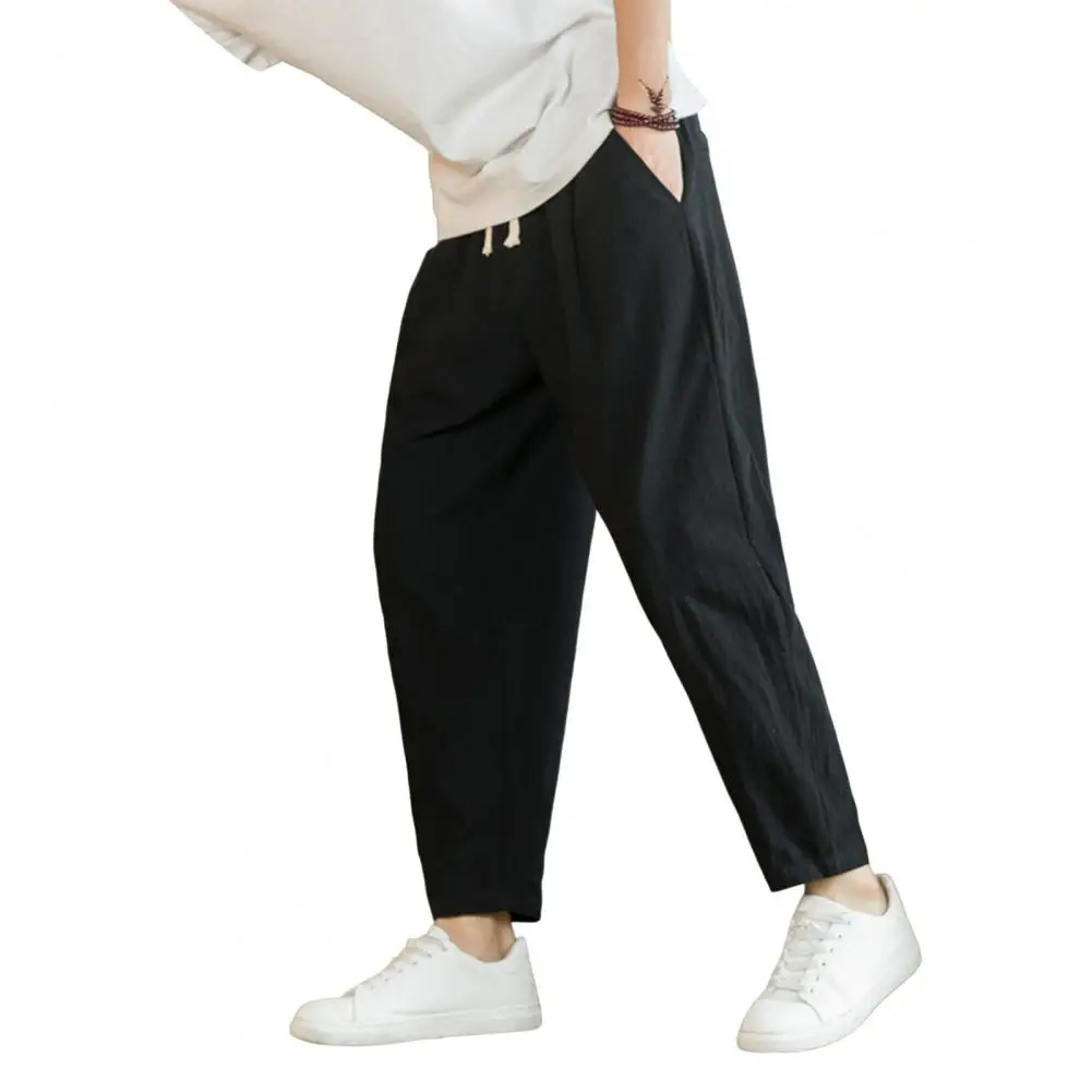 

Men Daily Pants Men Casual Pants Men's Loose Straight Drawstring Ninth Pants with Elastic Waist Pockets Solid Color for Daily