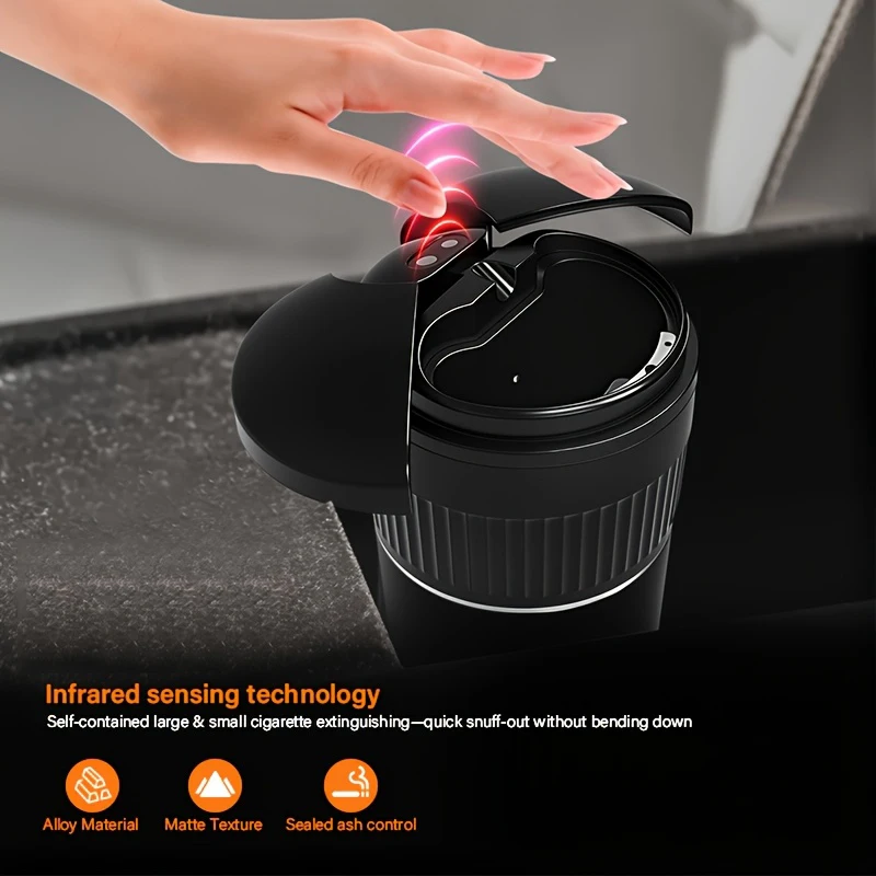 Smart Car Ashtray Auto-Open Infrared Sensor One-Touch Open/Close Lid Metal Inner Cup Holder Auto Accessories for Men Gifts