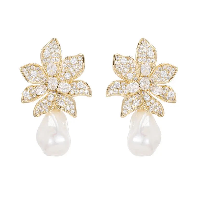 Shining Cubic Zirconia Flower Pearl  Water Drop Earrings for Girls Temperament Fashion Wedding Luxury Brand Jewelry