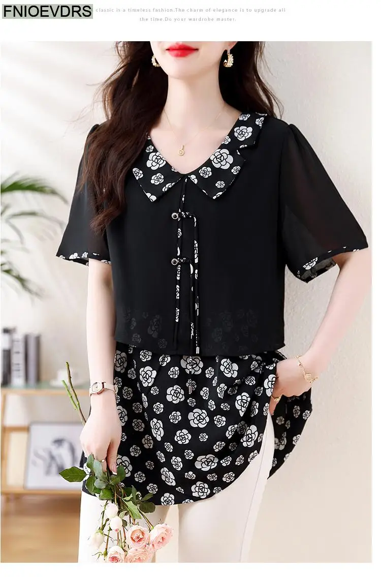 L-5XL Loose Clothes 2024 Women Summer Short Sleeve Elegant Ruffles Shirts Casual Retro Floral Tunic Peplum Tops And Blouses
