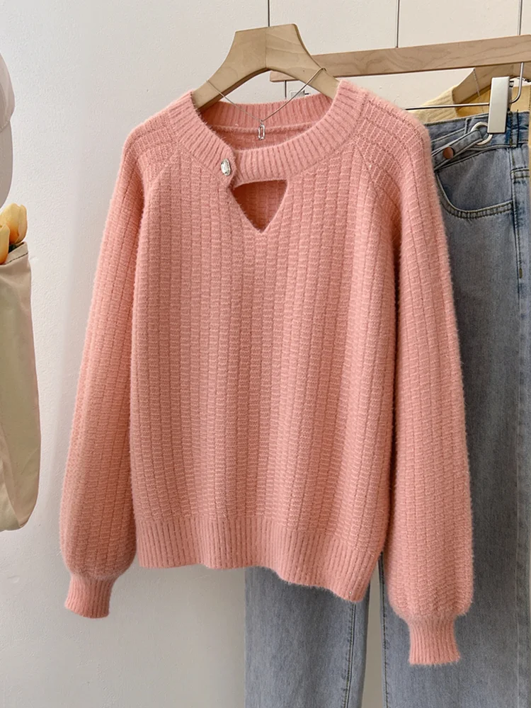 

Женский вязаный свитер с длинным рукавом, розовый свитер в американском стиле ретро из норки с круглым вырезом и вырезами в виде сердечек, Y2K, сезон осень-зима