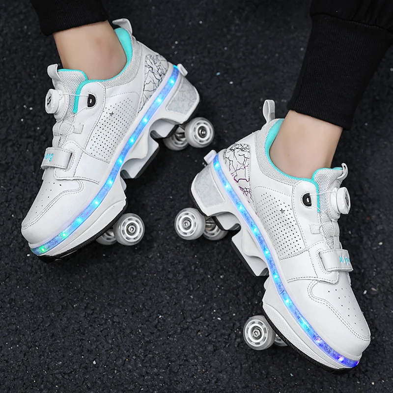 LED Light Deform Wheel Skates Roller Skate Shoes With 4-Wheel  Deformation Parkour Runaway Sneakers Children Adult Rounds Walk