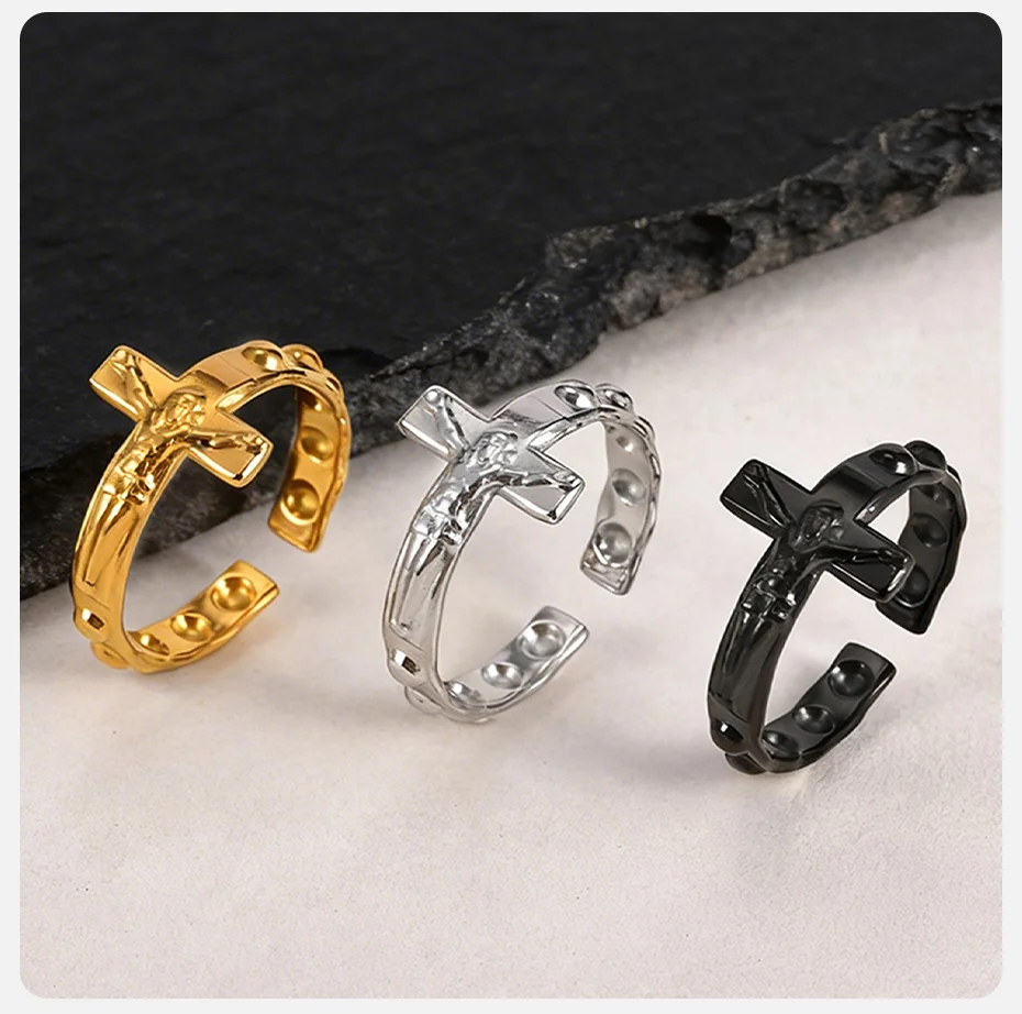 Vnox Edelstahl Offener Kreuzring für Herren, Verstellbarer Jesus-Kruzifix-Glaubensring, Schwarz-Gold-Silberfarbene Religiöse Ringe NEU – Detail 7