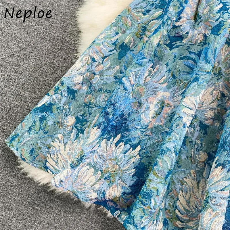 Neploe 코트 스타일 유화 자카드 로브, 레트로 베스티도, 라운드넥 민소매 슬림 허리 중간 길이 원피스, 여름 2025