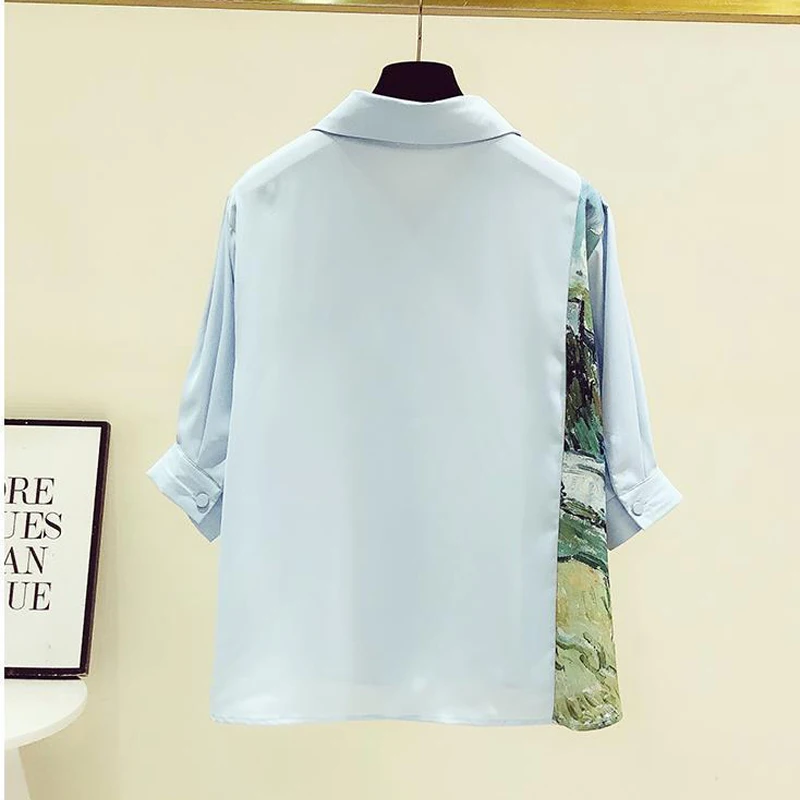 Women Fashion Vintage Print Patchwork Button Up Shirt 2024 Summer Turn Down Collar Chiffon Blouse Casual Half Sleeve Loose Tops