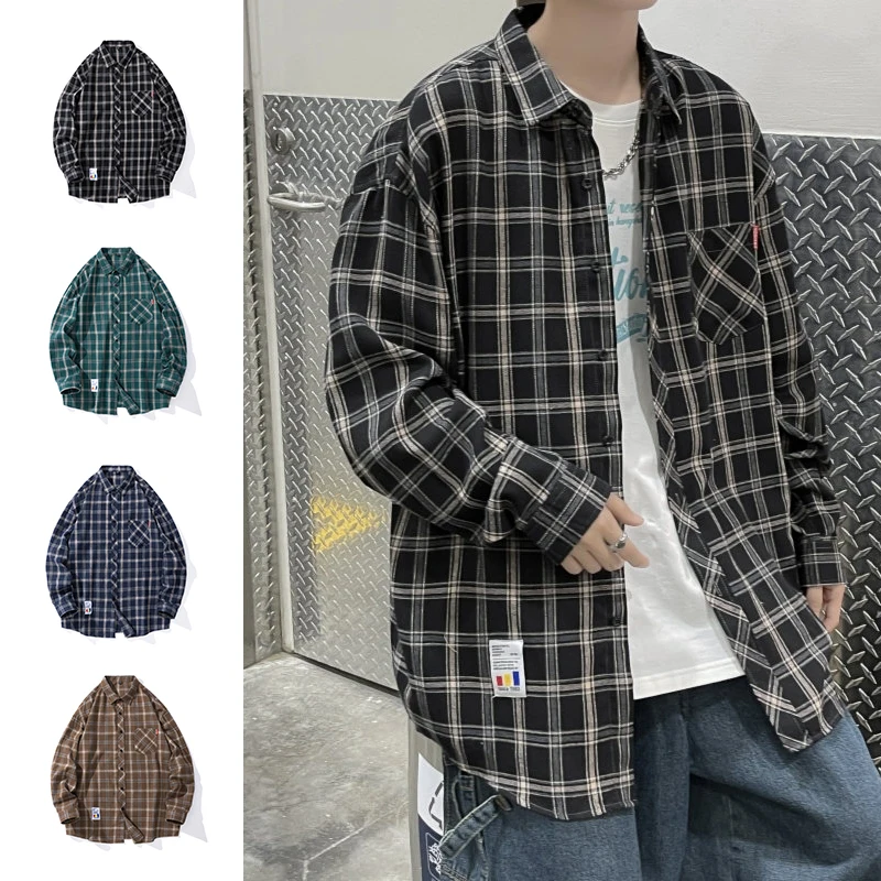 

Harajuku Plaid Shirt Men Hip Hop Flannel Checked Over Size Shirt High Quality Spring New Oversize Streetwear Green Retro Blouses