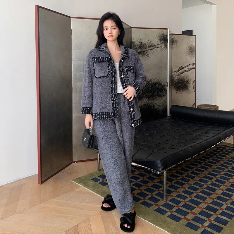 New Sleepwear Women's Autumn/Winter Coral Plush Top and Bottom Long sleeved Pants Set with Flip Collar Loose Warm Coat