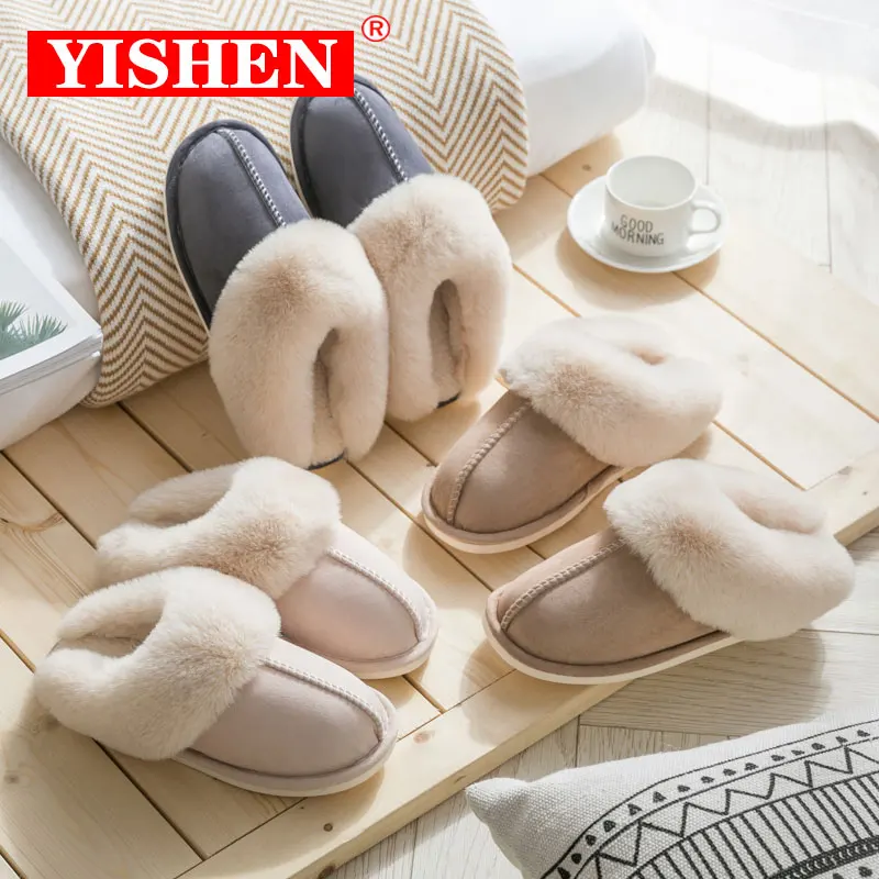 YISHEN Women Slippers Winter Cotton Shoes Fleece Fluffy Home Bedroom Slippers Flats Slippers For Men Plush Warm Couple Shoes