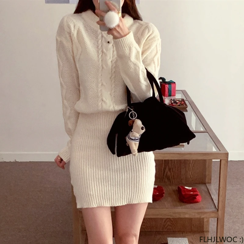 

Winter Warm Basic Wear Bandage Pencil Dresses New Year Design Women Chic Fashion Korea Clothes Knitted Sweater Dress