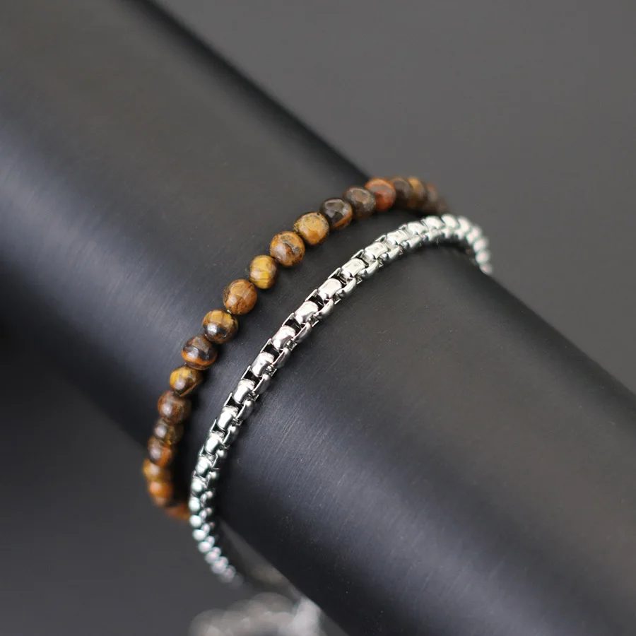 Men Stainless Steel Cuban Chain Bracelet Set Natural Stone