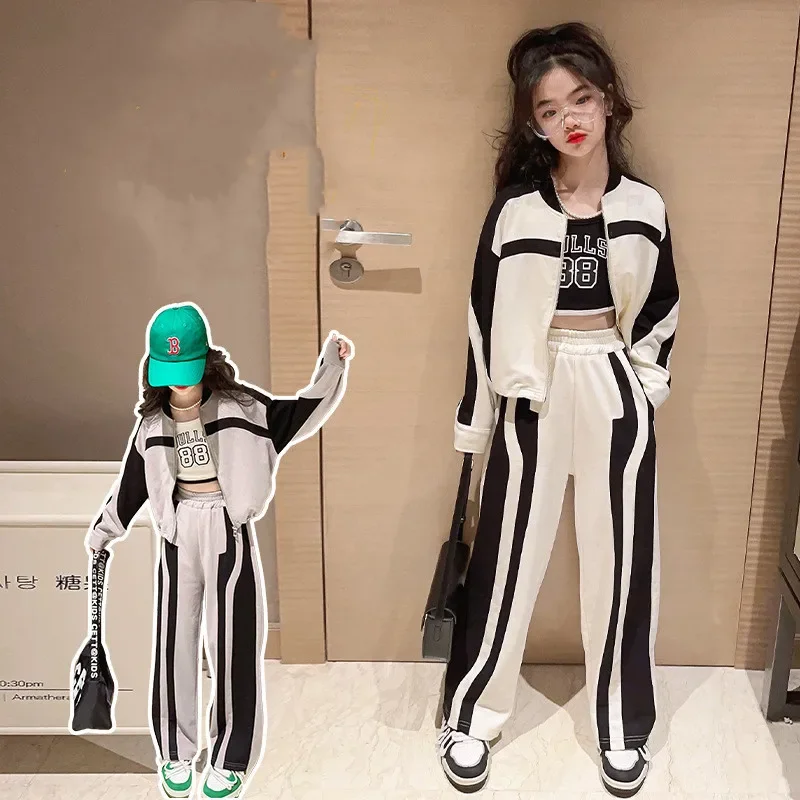 

Junior Girls Clothing Baseball Suit Children's Fashion Splicing Zipper Jacket Casual Trousers 2 Piece Set