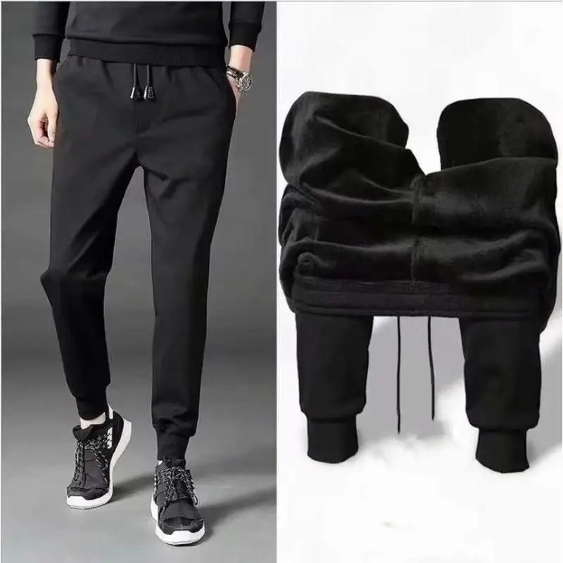 1pcs Plus Velvet Winter Men's Sport Pant Thickening Warm Long Pants Black Trousers