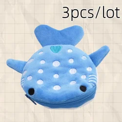 Cartoon Shark Plush Coin Purse: Cute Zippered Pouch with Keyring and Data Cable Organizer (3pcs Blue)