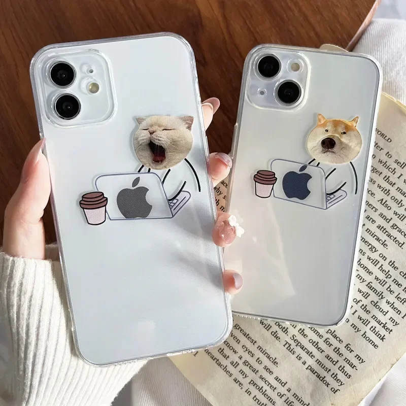 Capa de telefone transparente de gatos e cães de desenhos animados engraçados, capa de silicone macia fina para iPhone 15, 14, 13, 12, 11 Pro Max, Mini, XR, X, 14Plus