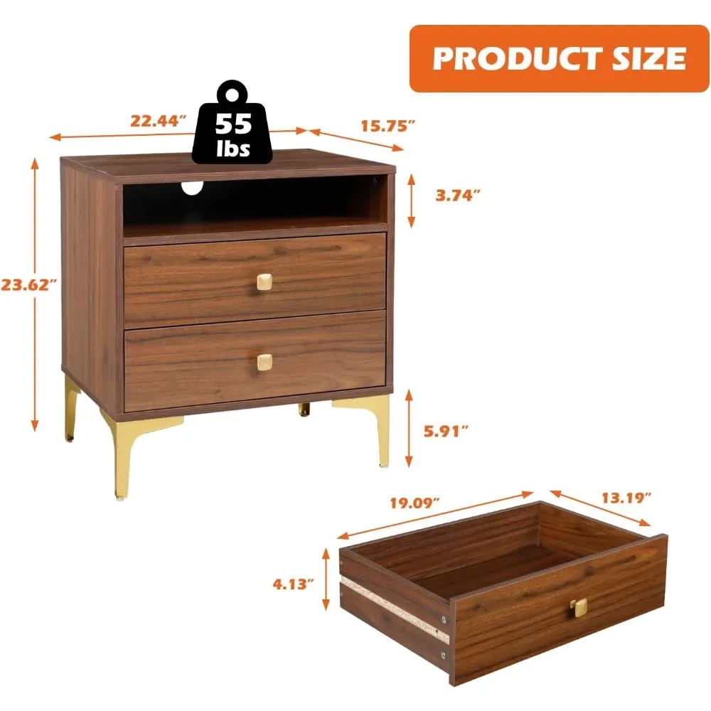 Nightstands Set of 2 with Wireless Charging Function, Wood Night Stands 2 Sets with Drawers and Open Shelf Storage