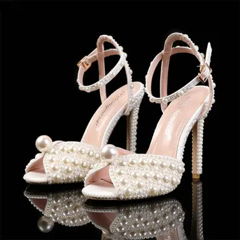 2025 Handmade Pearl Leather High Heels Sweet Princess Shoes Bride Wedding Shoes Fish Mouth Fashion Stiletto Sandals Women 1