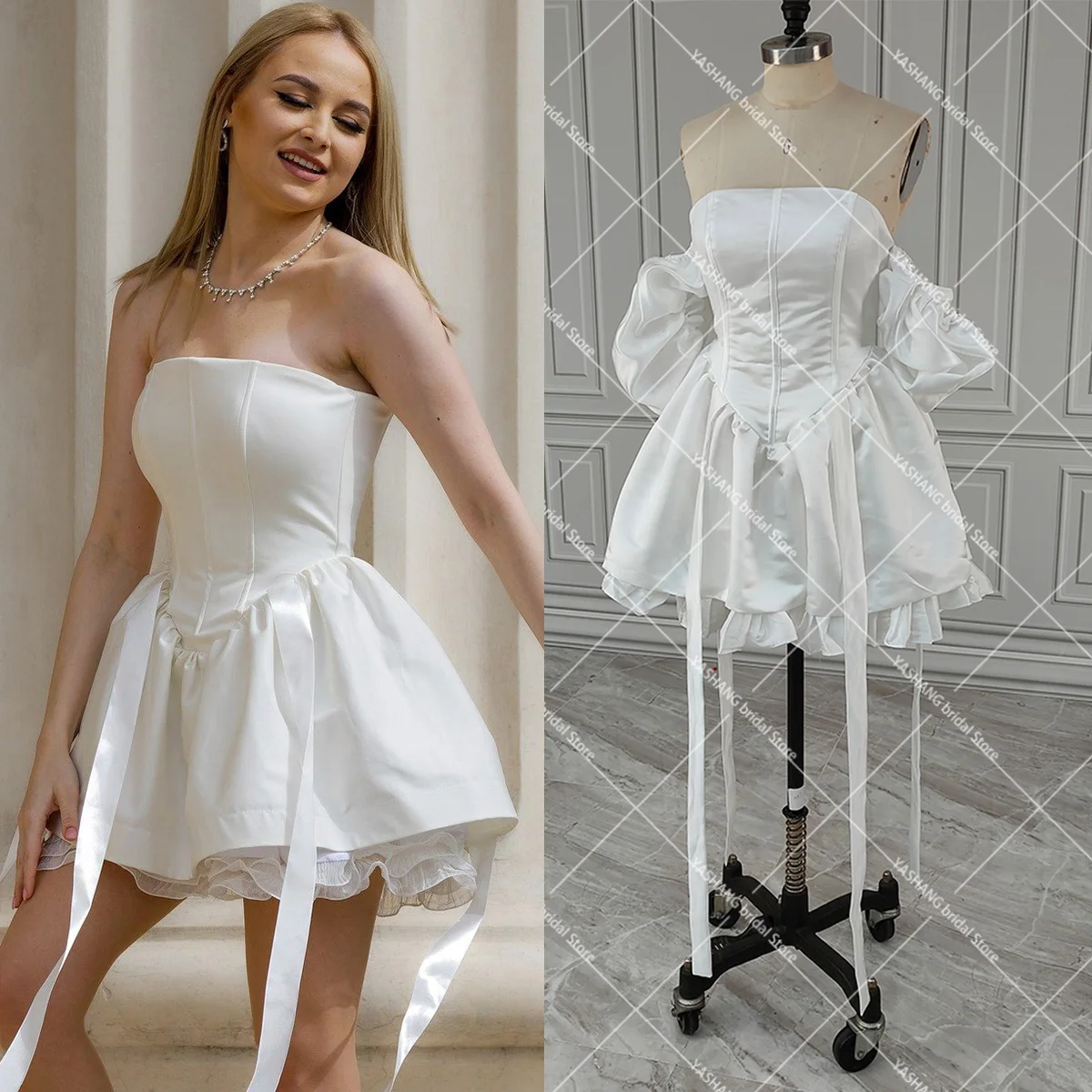 Satin Robe Short Lantern Vintage Satin Short Lantern Sleeve Simple After Party Wedding Dress ...