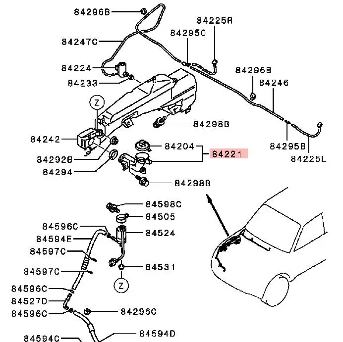 PAJERO V80V90 호스 및 캡, 윈드실드 와셔 탱크 필러, 8260A089