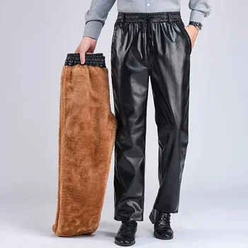 남성용 인조 가죽 블랙 오토바이 라이딩 바지, 방수 브러시, 두껍고 따뜻한 방풍, 노인 바지, 겨울 패션
