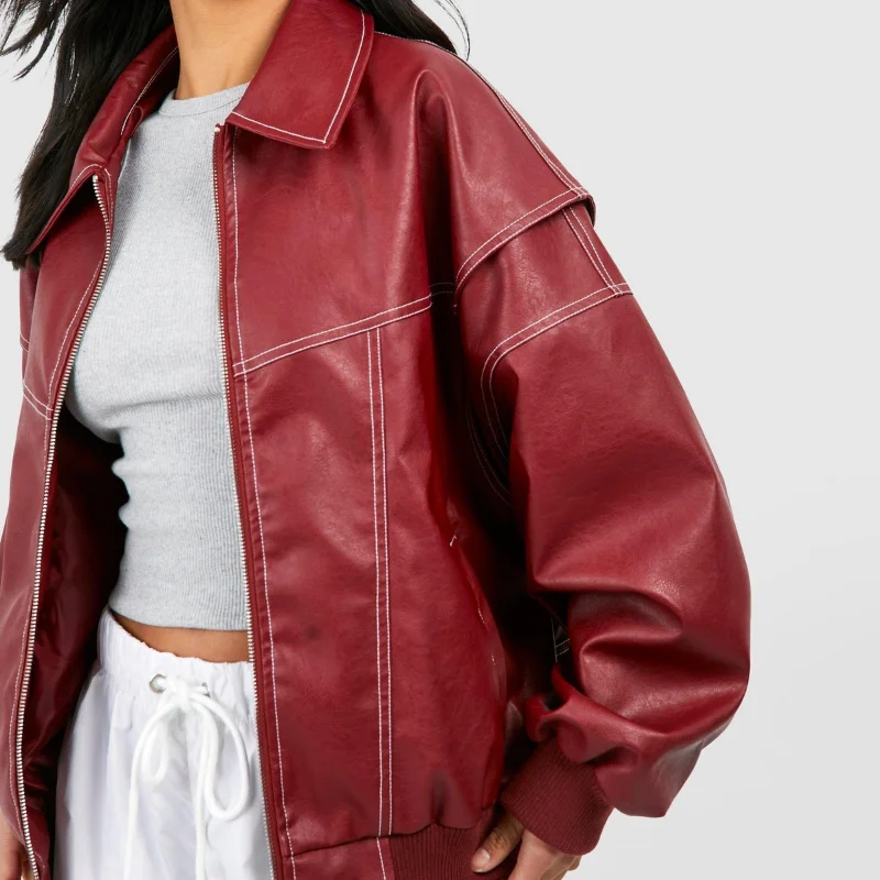 Vintage Solid Lapel Collar Zipper Women's Leather Jacket Casual Fashion Lapel Long Sleeve Coat 2024 Autumn Winter Outwear Tops