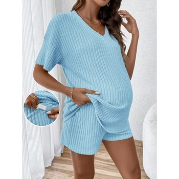 2026 Pregnant Woman Knitted Two-piece Set Knitted V-neck Short Sleeved Top with Adjustable Waist and Shorts