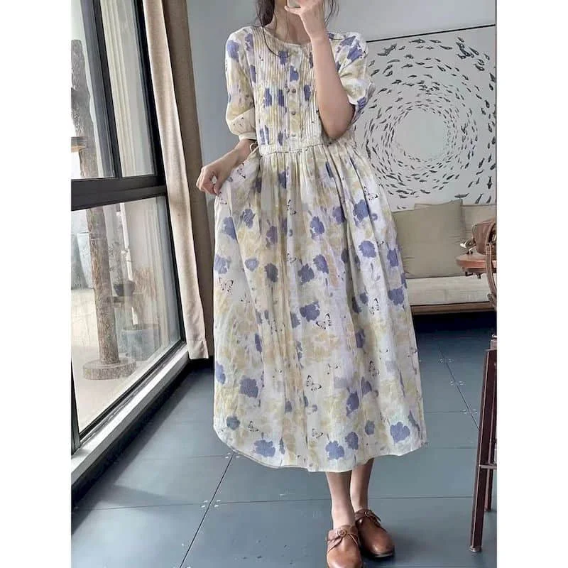 

Women Dress Oversized Vintage Organ Folds Half Sleeve A-line Loose Korean Fashion Large Size Mid-Calf Dress for Women Clothing