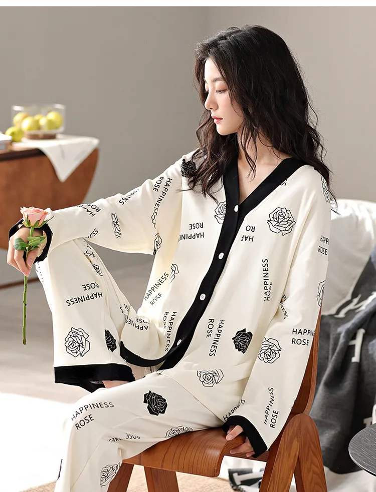Women Spring and Fall Two-Piece Pajamas Cardigan Long-Sleeved Long Pants Thin Section Polka Dot Printing Maternity Homewear 5
