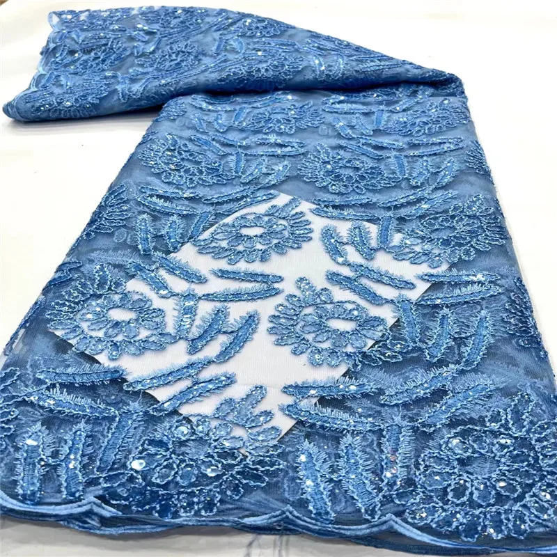 

Blue Color French Sequins Lace Fabric 2023 High Quality 5 Yards Nigerian Lace Fabric African Tulle Lace Fabric For Party Dress