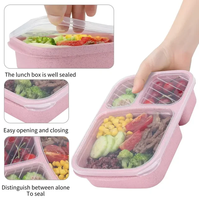 Boîte à déjeuner Bento à 3 compartiments, paille de blé, préparation des repas, conteneurs de stockage des aliments en plastique, 1 paquet 3
