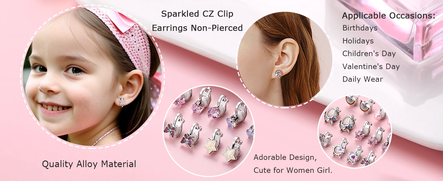 Pearl Star Heart Butterfly Rainbow Cat CZ Clip-on Earrings Set