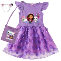 Robes Gabby's Dollhouse pour enfants, costume de dessin animé Gabby Chat, robes d'été décontractées à manches courtes pour bébés filles, avec sac et bandeau 5