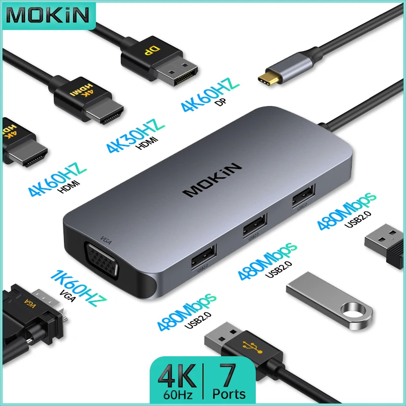 

MOKiN 7 in 1 Docking Station for MacBook Air/Pro, iPad, Thunderbolt Laptop - USB2.0, 4K30Hz/4K60Hz/1K60Hz HDMI & DP VGA Ports