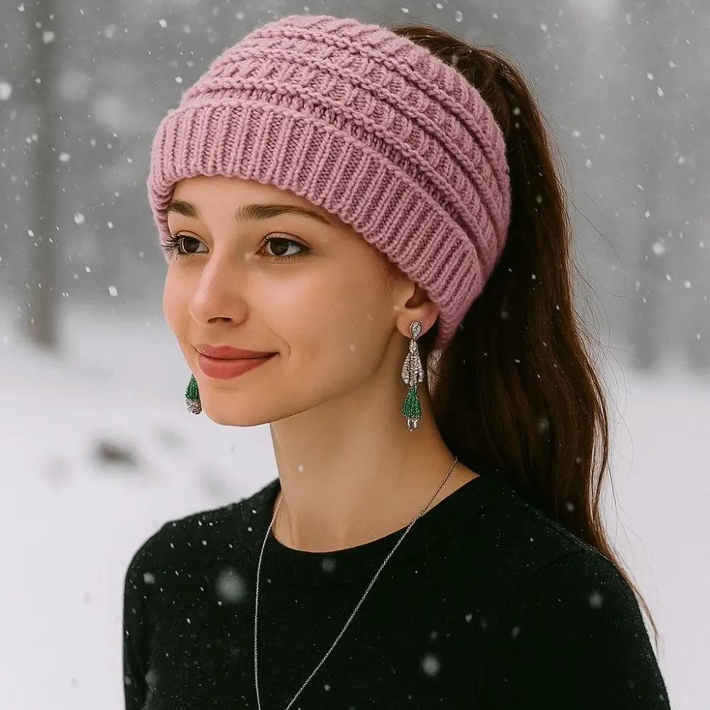 Warm Solid Color Ponytail Beanie Hat Headwear Thicken Knitted Hat Ear Protection Knitting Headband Autumn