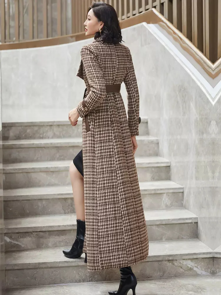 New Autumn Winter Long Plaid Wool Coat For Women Fashion Turn-down Collar Patchwork Slim Wool Blended Overcoat With Belt