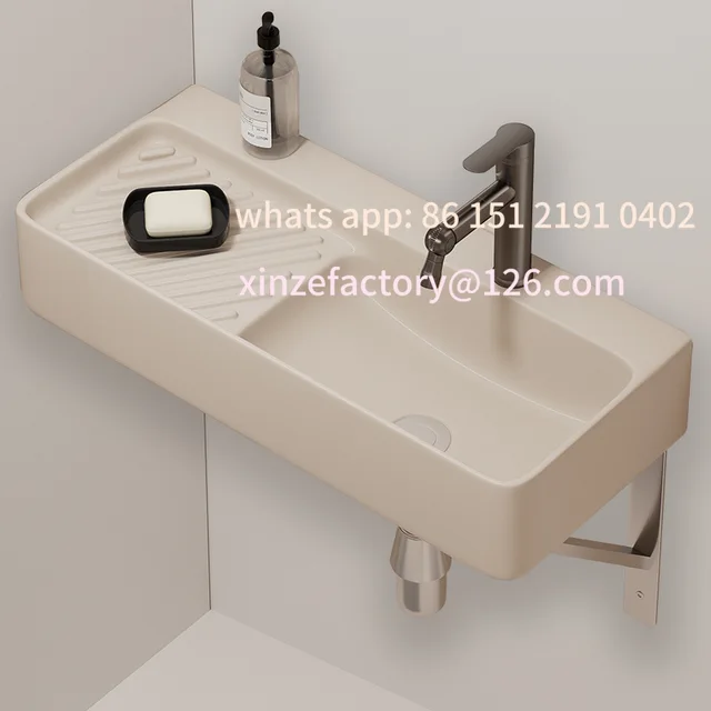 อ่างล้างหน้าเซรามิกติดผนังแบบแคบพิเศษสำหรับฤดูหนาว ปรับแต่งได้ สีครีม ใช้สำหรับล้างหน้า ซักผ้า ติดตั้งบนระเบียง แบบแขวนเรียบง่าย 3