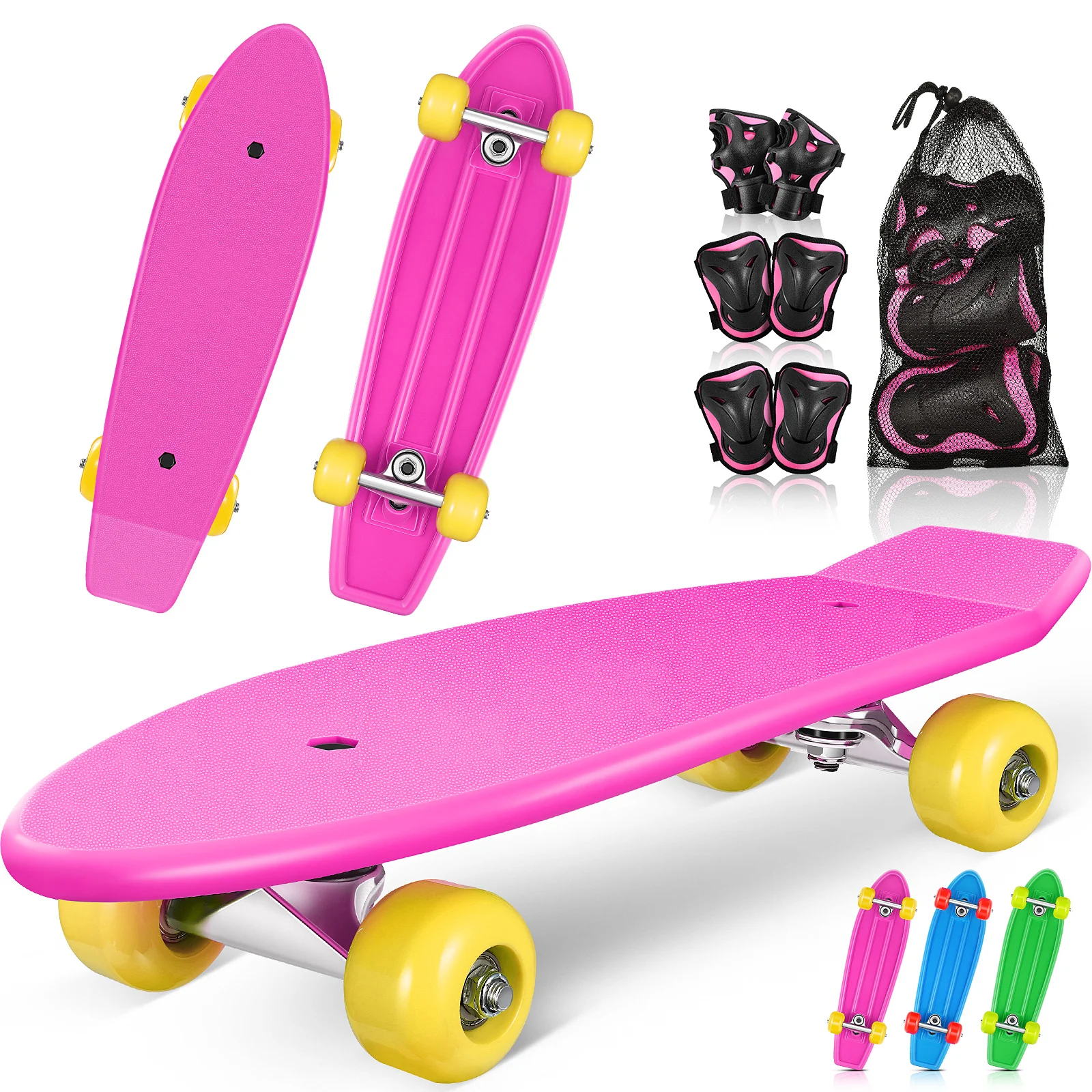 

MOVTOTOP Kids Skateboard Kit Complete Skateboard Downhill Longboard with Protective Gears for Boys Girls Kids Beginners (Pink)