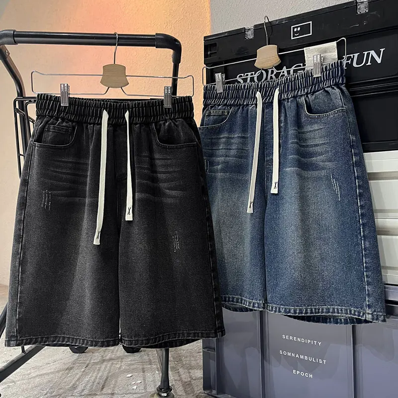 Legible Summer Casual Denim Shorts Men Solid Loose Straight Elastic Waist Shorts for Man