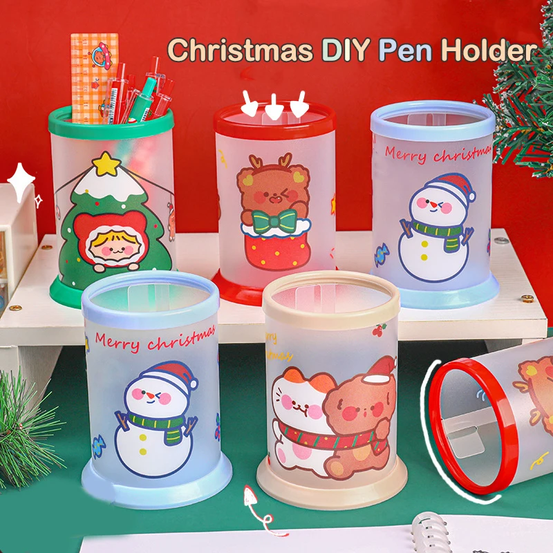 

Christmas Series Foldable Pen Holder Cute Cartoon Pencil Holder With Snowman Elk Pattern Winter Snowman Student Stationery