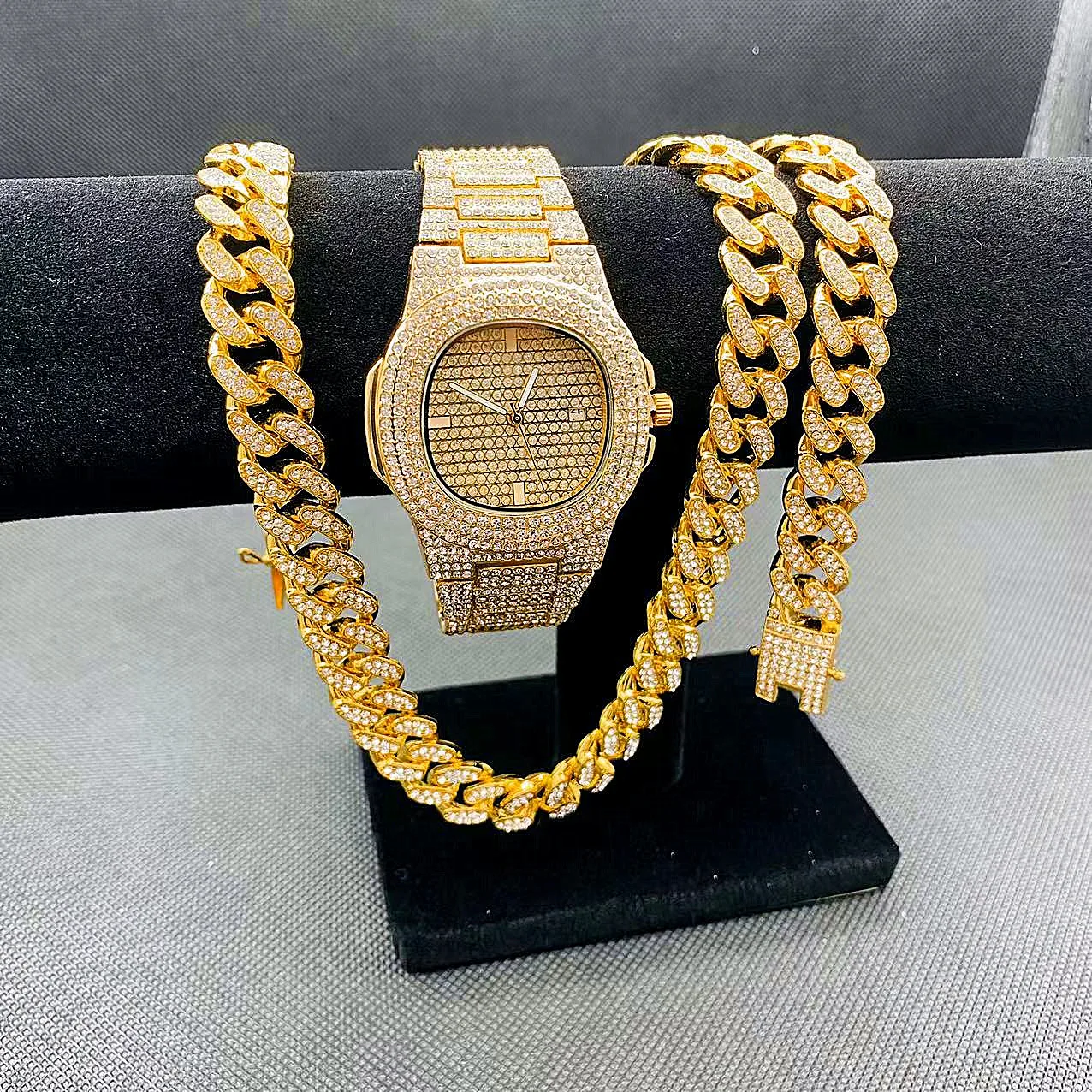 3pcs Fashion Mens Jewelry Set Iced Out Watch Necklaces Bracelet Mens Hip Hop Miama Cuban link Chains Choker Jewelry Gold Watches